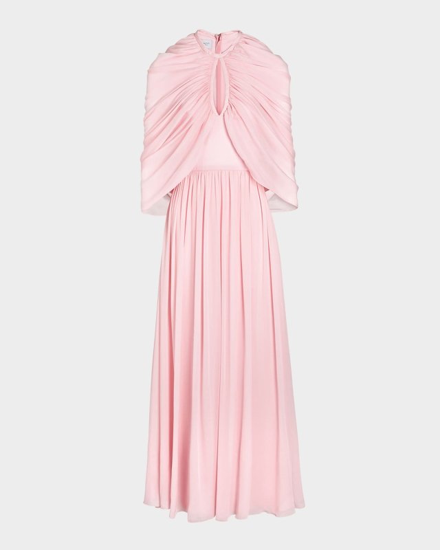 Keyhole Draped Cape Silk Gown